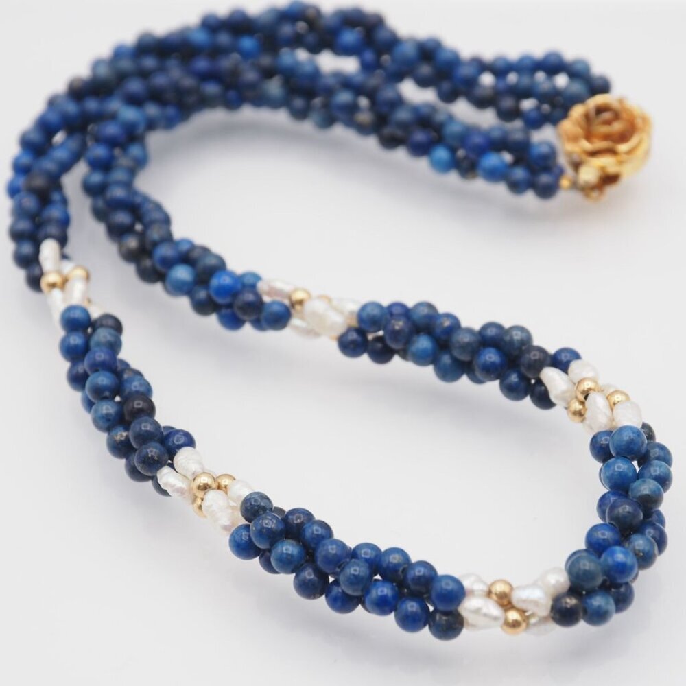Lapis Lazuli Freshwater Pearl Necklace, 3-strand, Gold Design, GSILVER Stamped, - Picture 4 of 7